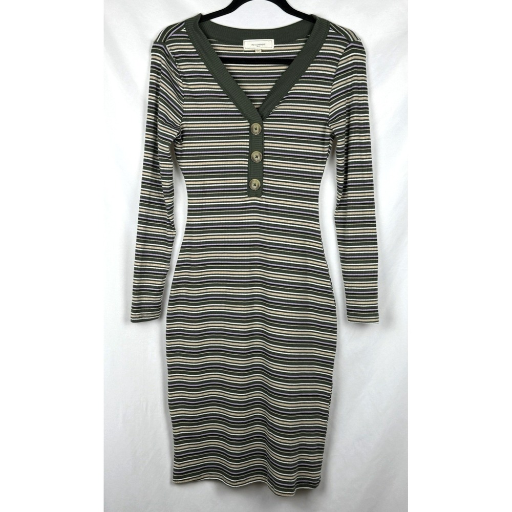 Vintage No Comment NY LA Striped Ribbed Henley Dress S 90s Y2K Bodycon Midi EUC